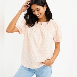 LOFT Peach Blouse with Flutter Sleeves and Smocked Mandarin Collar